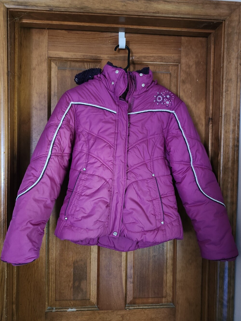 Girls' Pink Puffer Jacket with Embroidered Detail.  Runs small